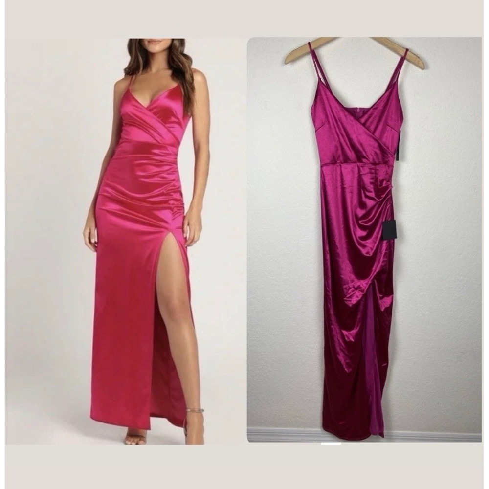Lulus S Magic Memories Maxi Dress Magenta Pink Satin Formal Gown Slip Sleeveless